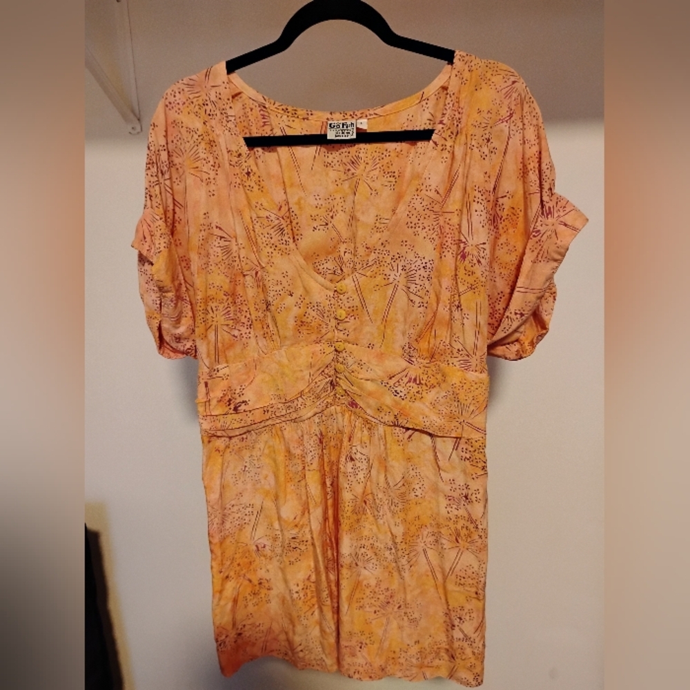 Go Fish Orange Pink Floral Tie Dye Button-Front Dress